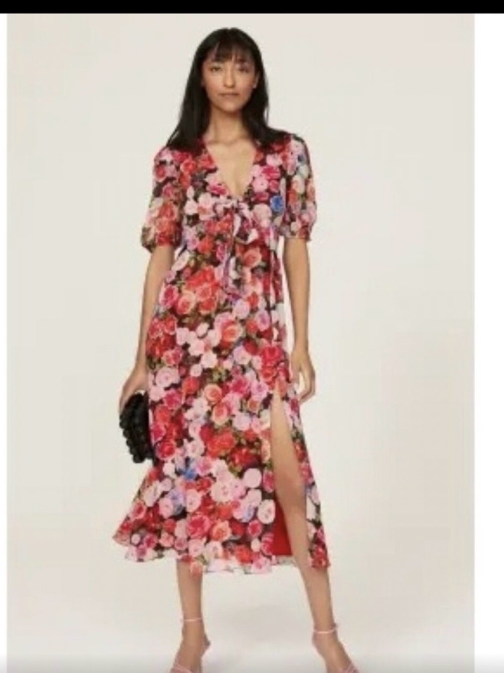 Ieena for Mac Duggal Tie-Front Floral Midi Dress in Red and Pink Sz 4